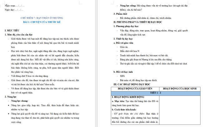 Giáo án Tiếng Việt 2 Bài 1: Đọc Chuyện của thước kẻ
