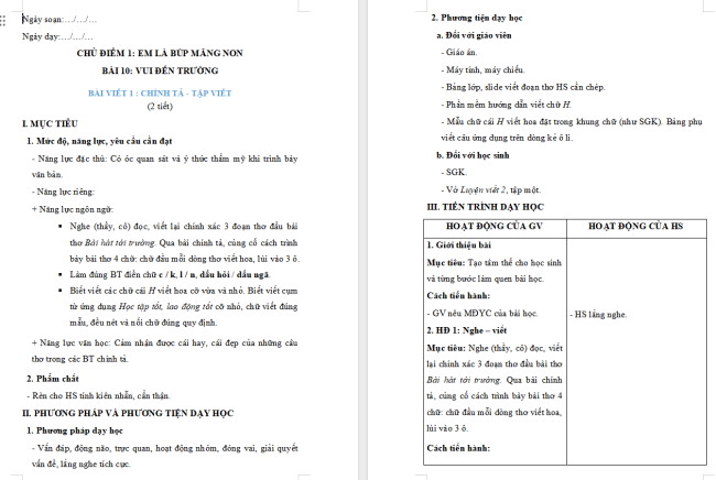 Giáo án Tiếng Việt 2 Bài 10: Nghe - viết Bài hát tới trường, Chữ hoa H