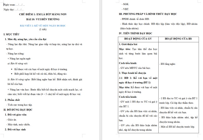 Giáo án Tiếng Việt 2 Bài 10: Viết về một ngày đi học của em