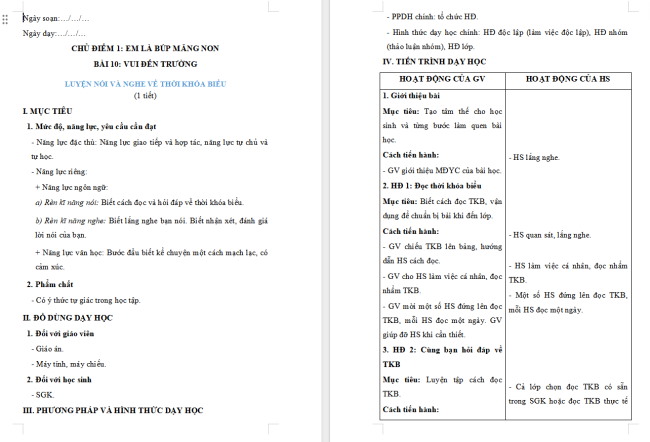 Giáo án Tiếng Việt 2 Bài 10: Thời khoá biểu