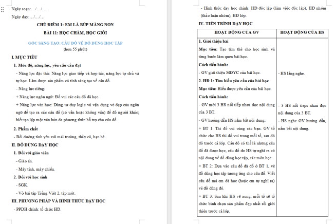 Giáo án Tiếng Việt 2 Bài 11: Câu đố về đồ dùng học tập
