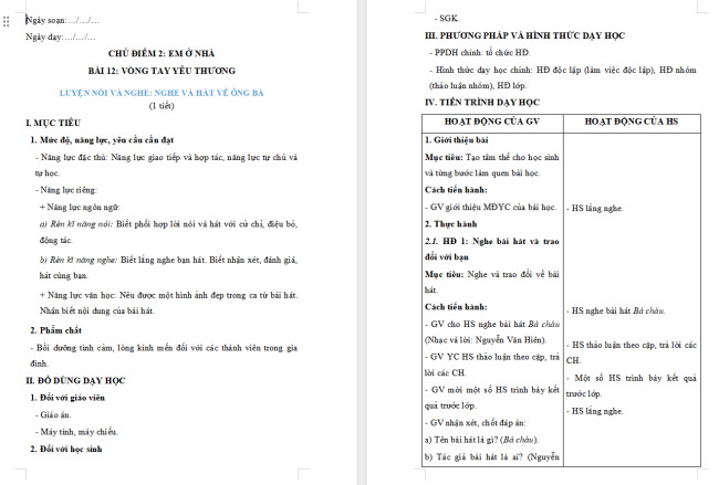 Giáo án Tiếng Việt 2 Bài 12: Nghe - trao đổi về nội dung bài hát Bà cháu