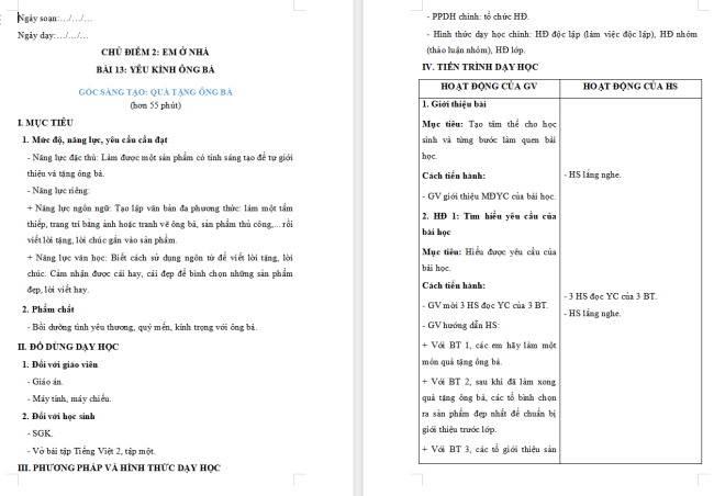 Giáo án Tiếng Việt 2 Bài 13: Quà tặng ông bà