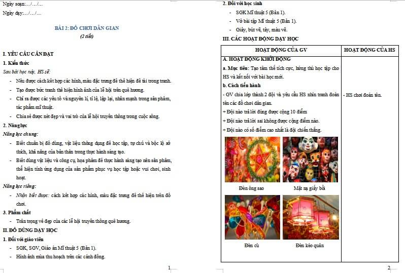 Giáo án Mĩ thuật 5 Chủ đề 6 Bài 2: Đồ chơi dân gian