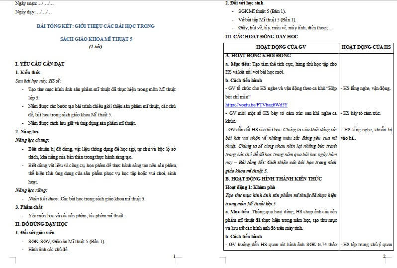 Giới thiệu các bài học trong sách giáo khoa Mĩ thuật 5