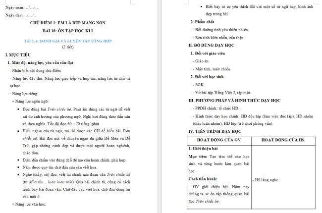 Giáo án Tiếng Việt 2 Bài 18: Ôn tập cuối học kì 1 (Tiết 3, 4)