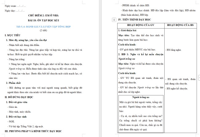 Giáo án Tiếng Việt 2 Bài 18: Ôn tập cuối học kì 1 (Tiết 5, 6)