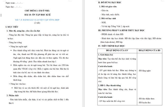 Giáo án Tiếng Việt 2 Bài 18: Ôn tập cuối học kì 1 (Tiết 7, 8)