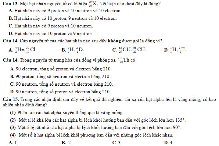 Bộ câu hỏi về Cấu trúc hạt nhân