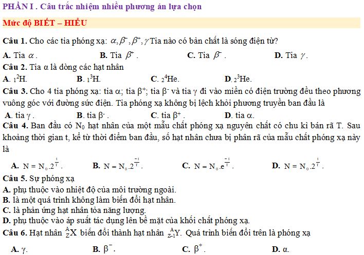 Bộ câu hỏi về Hiện tượng phóng xạ