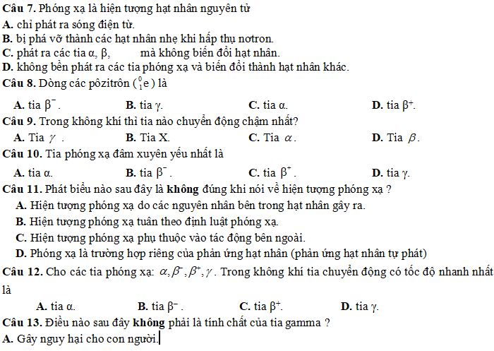 Bộ câu hỏi về Hiện tượng phóng xạ