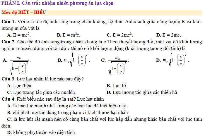 Bộ câu hỏi về Phản ứng hạt nhân và năng lượng liên kết