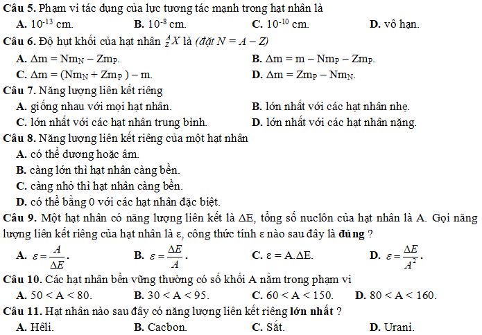 Bộ câu hỏi về Phản ứng hạt nhân và năng lượng liên kết
