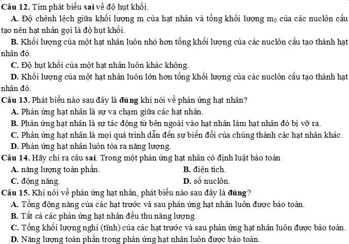Bộ câu hỏi về Phản ứng hạt nhân và năng lượng liên kết