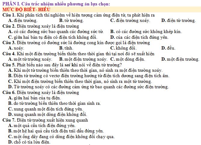 Bộ câu hỏi Điện từ trường - Mô hình sóng điện từ