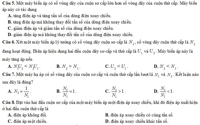 Bộ câu hỏi về Ứng dụng hiện tượng cảm ứng điện từ