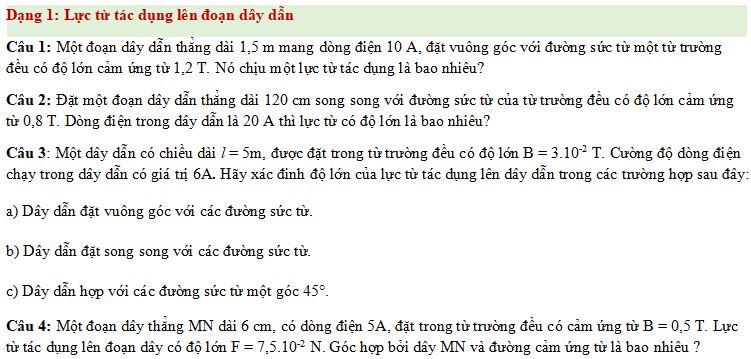 Bài tập về Lực từ tác dụng lên dây dẫn mang dòng điện