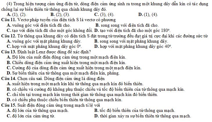Bộ câu hỏi trắc nghiệm Từ thông - hiện tượng cảm ứng điện từ