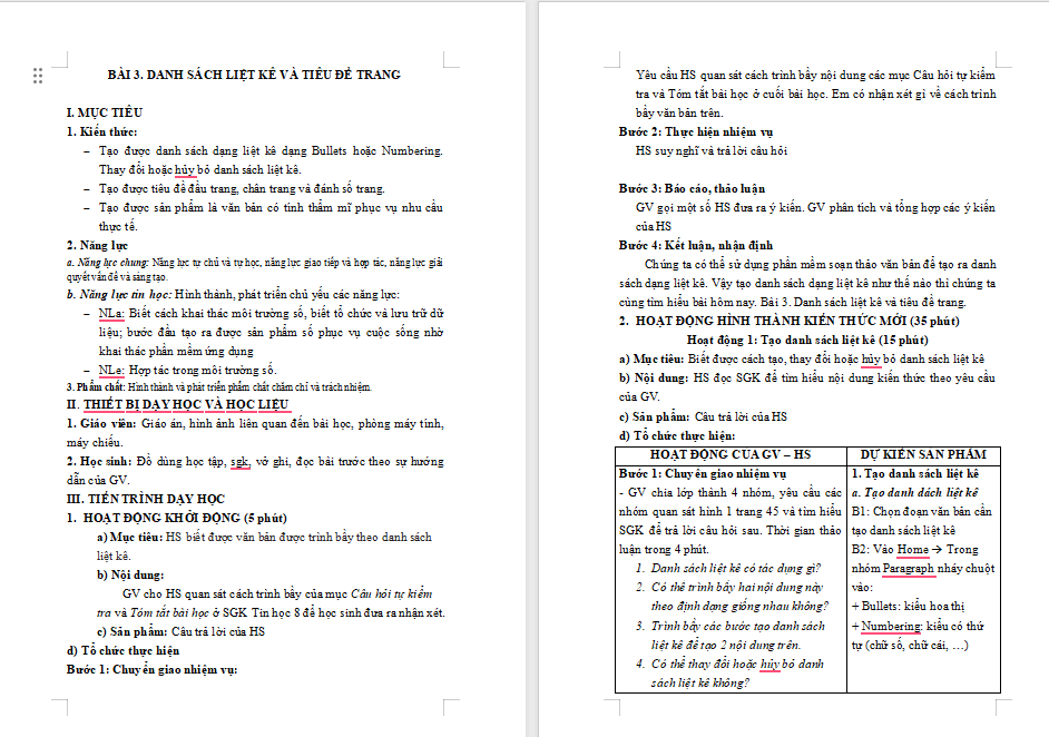 Giáo án PowerPoint Tin học 8 Bài 3: Danh sách liệt kê và tiêu đề trang