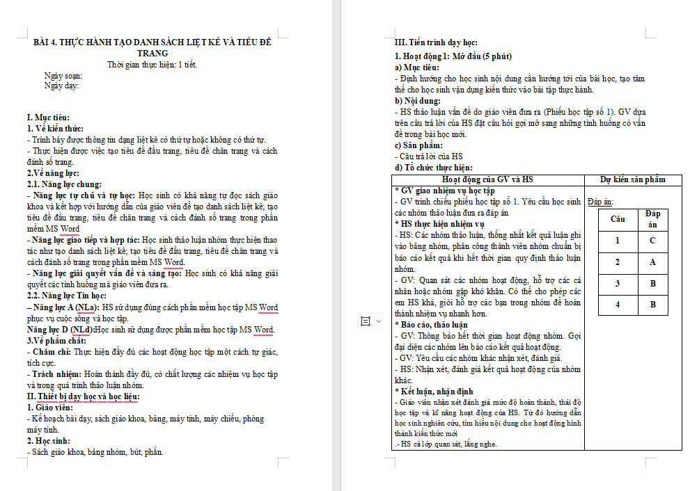 Giáo án PowerPoint Tin học 8 Bài 4: Thực hành tạo danh sách liệt kê và tiêu đề trang