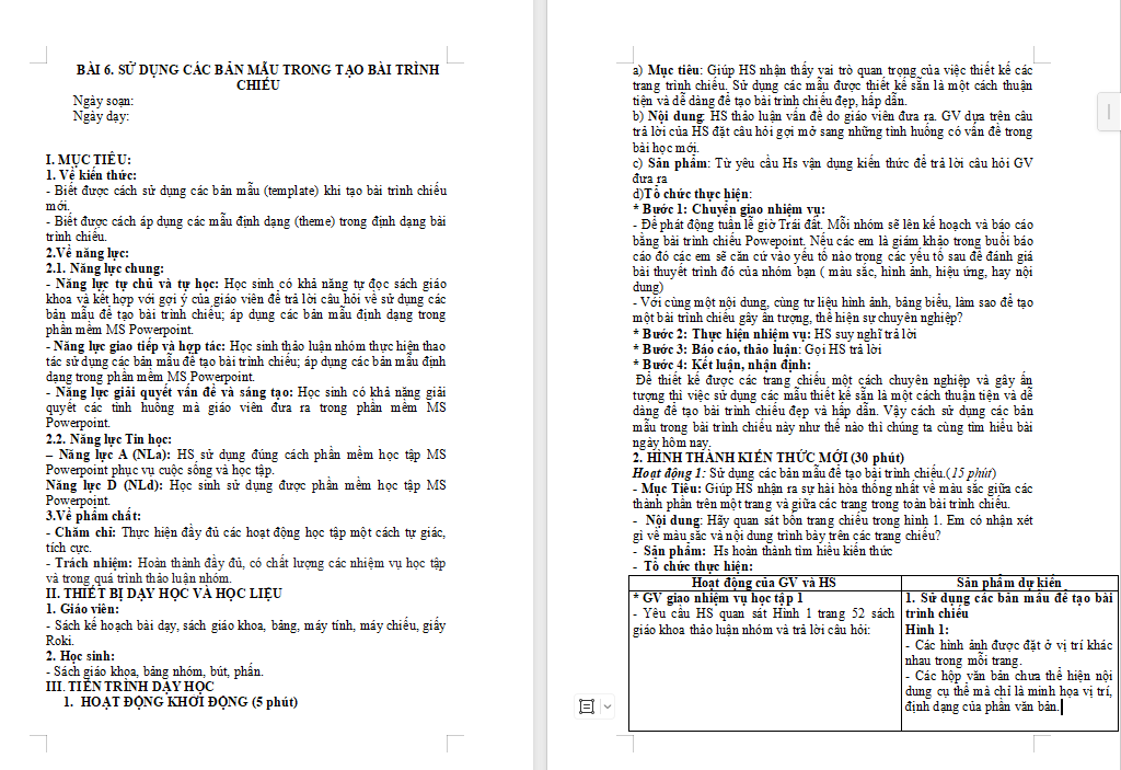 Giáo án PowerPoint Tin học 8 Bài 6: Sử dụng các bản mẫu trong tạo bài trình chiếu