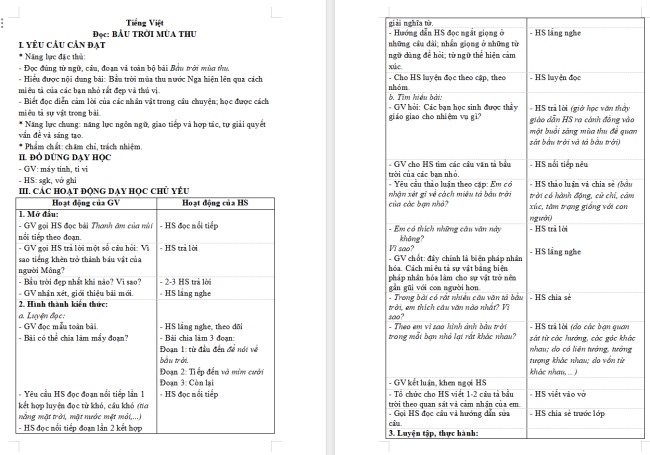 Giáo án Tiếng Việt 4 Bài 20: Bầu trời mùa thu