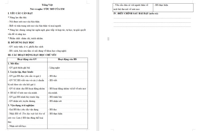 Giáo án Tiếng Việt 4 Bài 26: Ước mơ của em