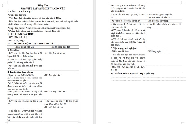 Giáo án Tiếng Việt 4 Bài 29: Viết bài văn miêu tả con vật