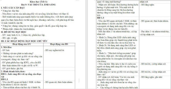 Giáo án Khoa học 4 Vai trò của ánh sáng