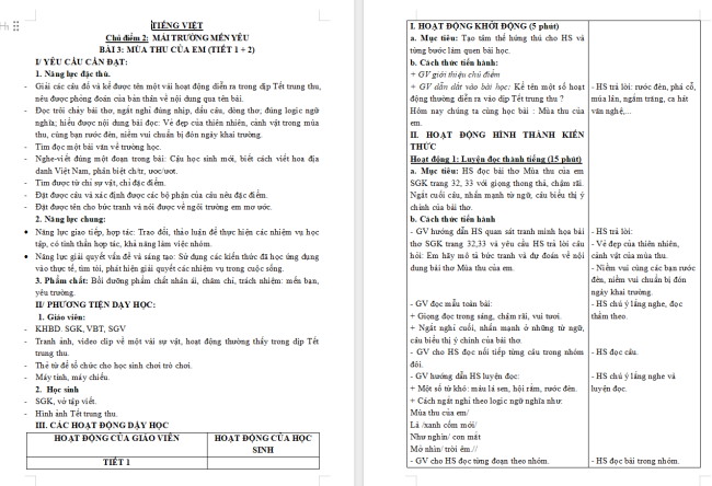 Giáo án Tiếng Việt 3 Bài 3: Mùa thu của em