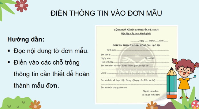 PowerPoint Tiếng Việt 3 Bài 4: Điền thông tin vào tờ khai in sẵn
