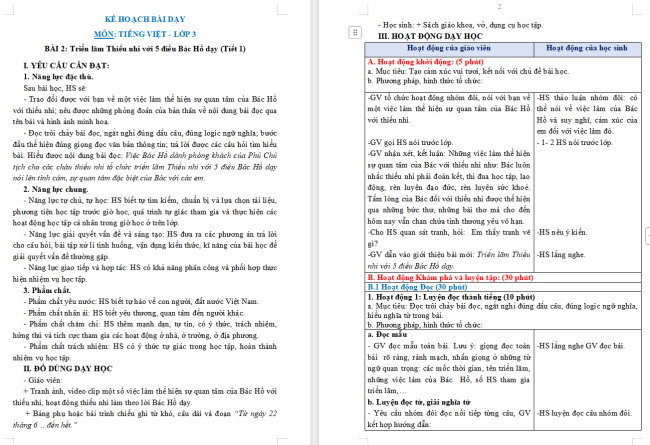 Giáo án Tiếng Việt 3 Bài 2: Triển làm Thiếu nhi với 5 điều Bác Hồ dạy