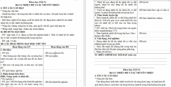 Giáo án Khoa học 4 Nhiệt độ và sự truyền nhiệt