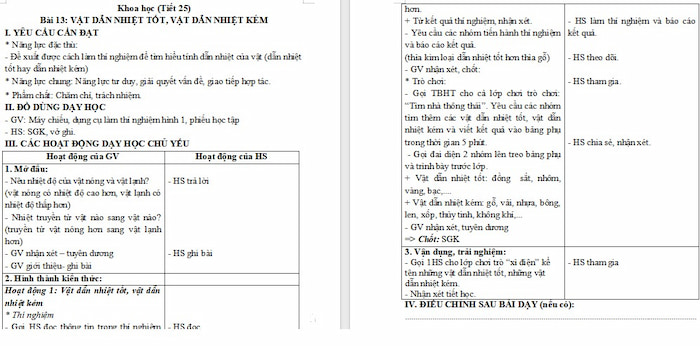 Giáo án Khoa học 4 Vật dẫn nhiệt tốt, vật dẫn nhiệt kém