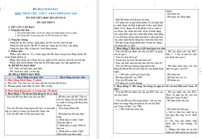 Giáo án Tiếng Việt 3 Ôn tập giữa học kì I (Tiết 6)