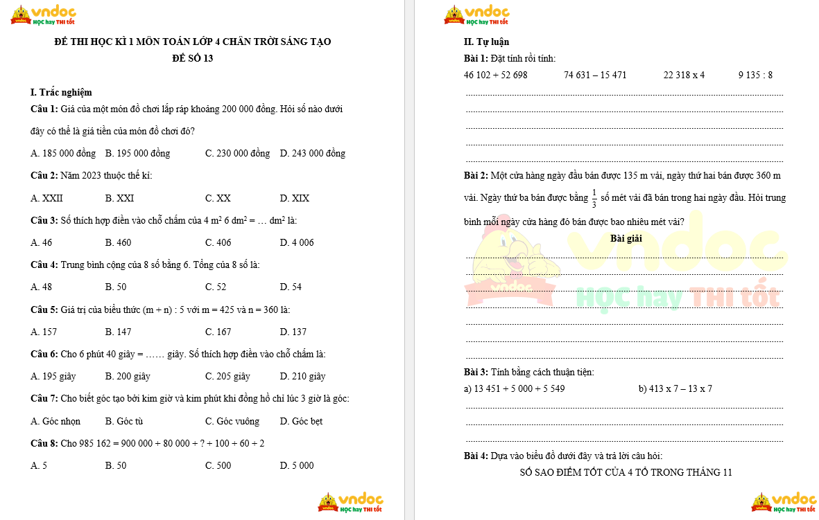 de thi cuoi hoc ki 1 lop 4 mon Toan Chan troi sang tao de so 13*834067