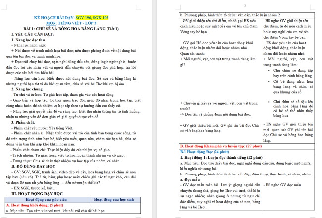Giáo án Tiếng Việt 3 Bài 1: Chú sẻ và bông hoa bằng lăng
