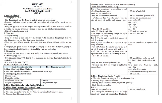 Giáo án Tiếng Việt 3 Bài 3: Từ có nghĩa trái ngược nhau