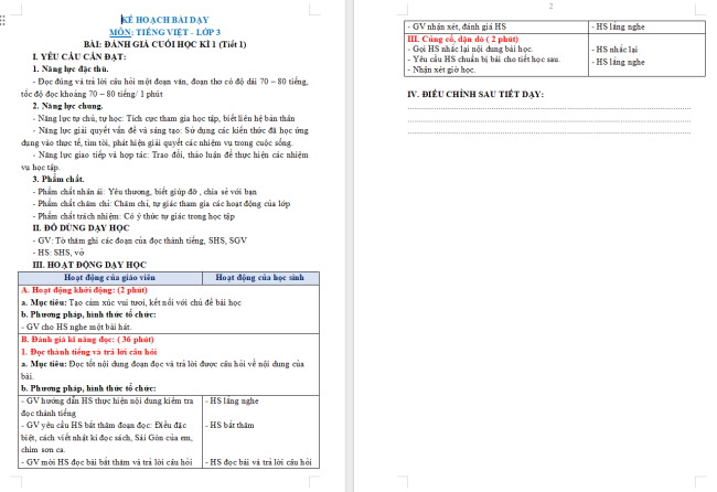 Giáo án Tiếng Việt 3 Đánh giá cuối học kì I