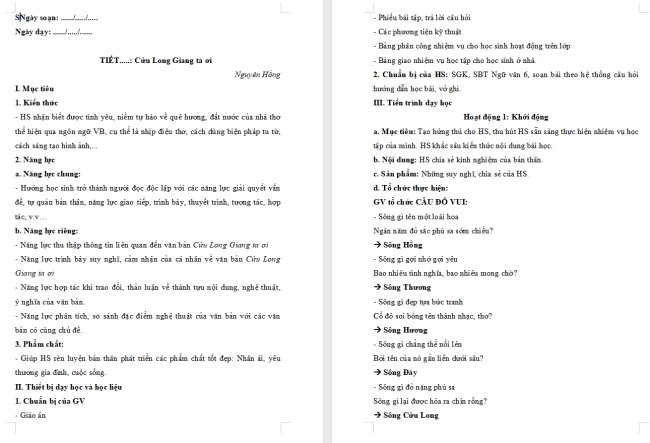 Giáo án Văn 6 Bài 5: Cửu Long Giang ta ơi