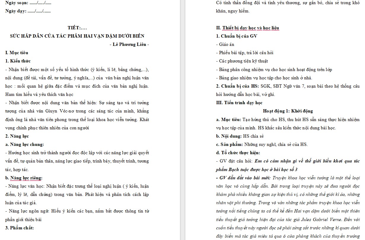 KHBD Ngữ văn 7 Bài Sức hấp dẫn của tác phẩm "Hai vạn dặm dưới đáy biển" Cánh Diều
