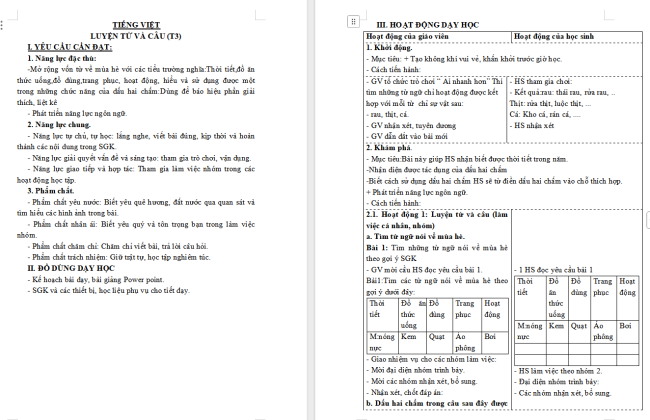 Giáo án Tiếng Việt 3 Bài 8: Mở rộng vốn từ về mùa hè. Dấu chấm, dấu hai chấm