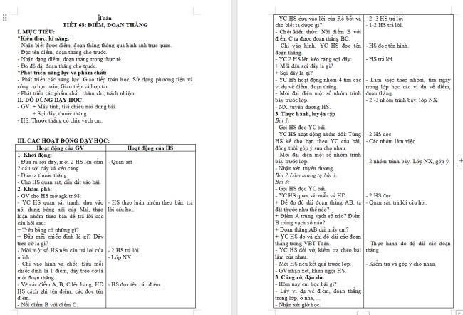Giáo án Toán 2 Bài 25: Điểm, đoạn thẳng, đường thẳng, đường cong, ba điểm thẳng hàng