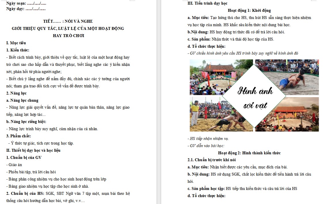 KHBD Ngữ văn 7 Bài Giới thiệu quy tắc, luật lệ của một hoạt động hay trò chơi