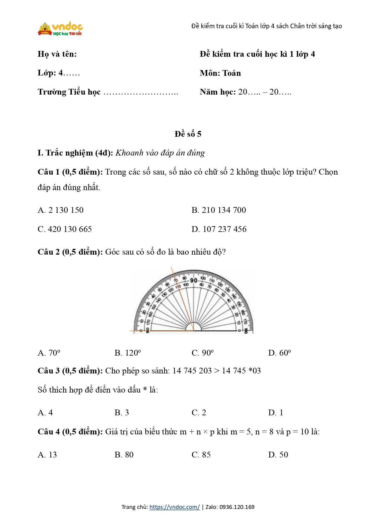 de thi cuoi ki 1 toan 4 ctst de 5 page 0001*844514