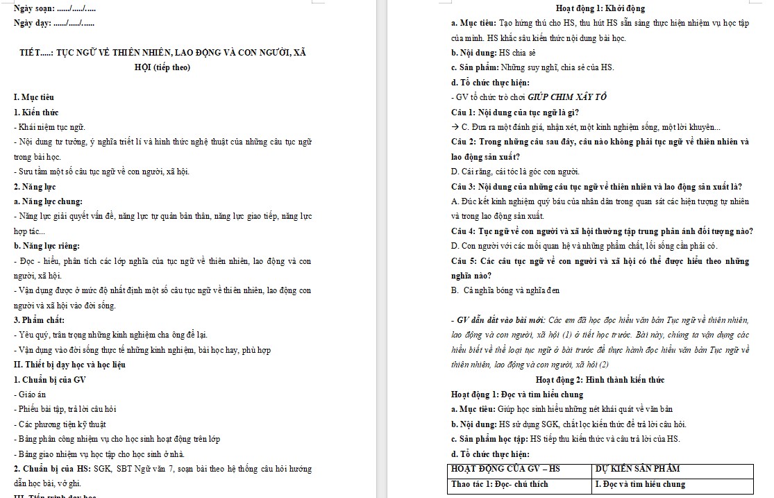 KHBD Ngữ văn 7 Bài Tục ngữ về thiên nhiên, lao động và con người, xã hội