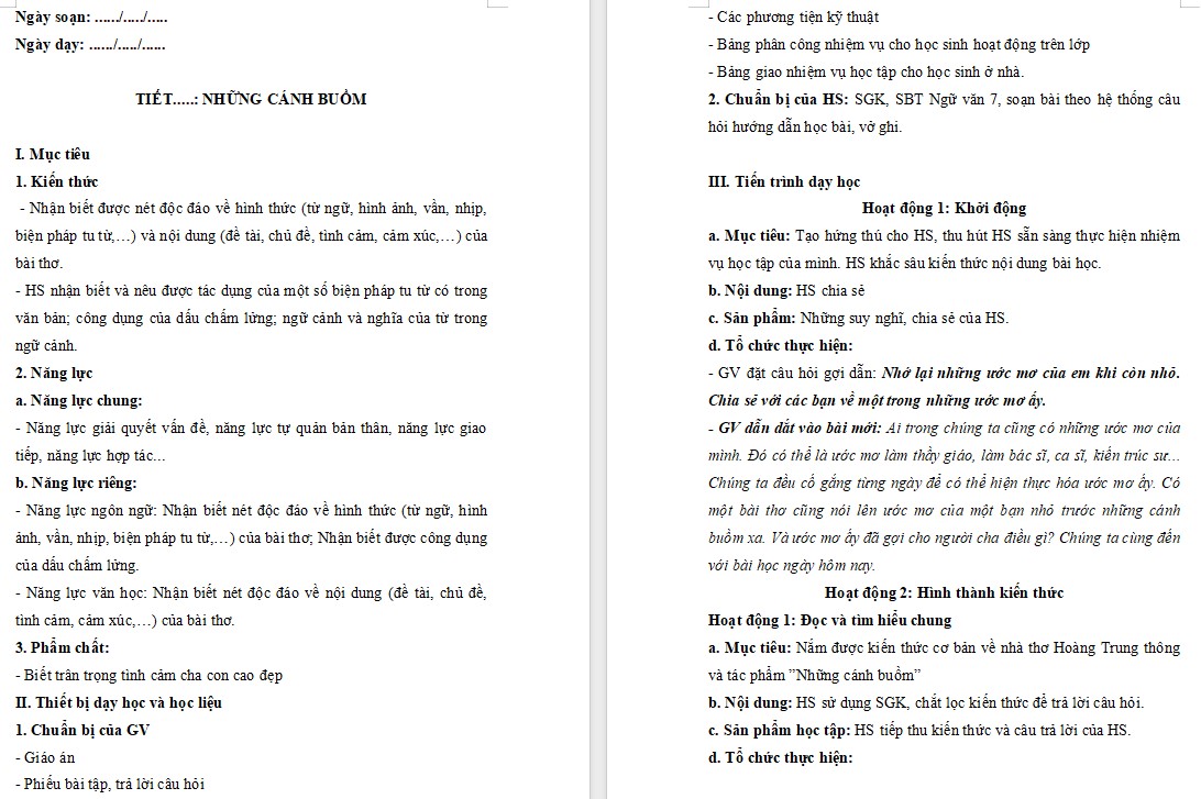 KHBD Ngữ văn 7 Bài Những cánh buồm Cánh Diều