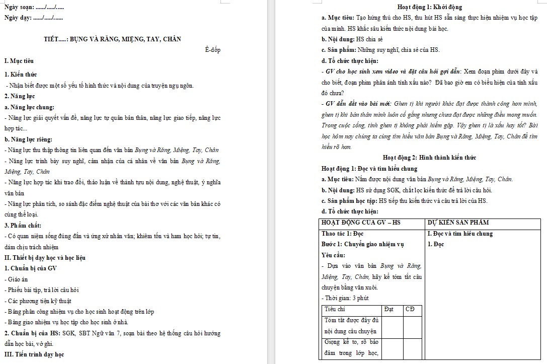 KHBD Ngữ văn 7 Bài Bụng và Răng Miệng, Tay, Chân Cánh Diều