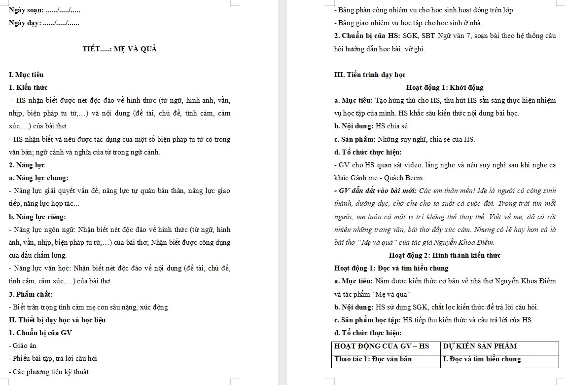 KHBD Ngữ văn 7 Bài Mẹ và quả Cánh Diều