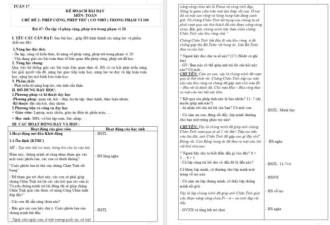 Giáo án Toán 2: Ôn tập về phép cộng, phép trừ trong phạm vi 20